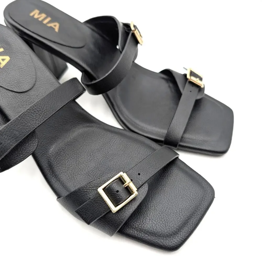 Mia Rene Double Buckle Block Heel Sandals Women's Black Size US8.5M EU38.5